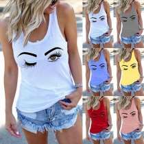 Cute Eyelash Printed Round Neck Tank Top