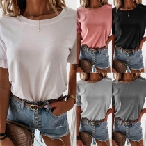 Fashion Solid Color Lotus Sleeve Round Neck T-shirt