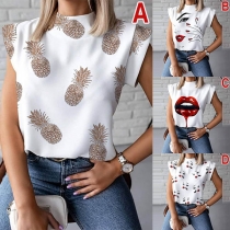 Chic Style Sleeveless Stand Collar Printed Top