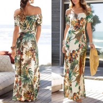 Sexy Off-shoulder Boat Neck Short Sleeve Slim Fit Printed Dress