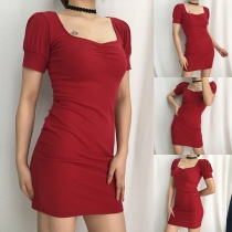 Elegant Solid Color Puff Sleeve Square Collar Slim Fit Dress