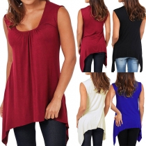 Fashion Solid Color Sleeveless Round Neck Irregular Hem T-shirt
