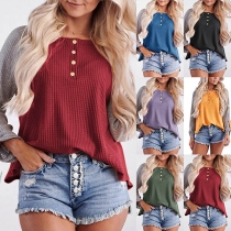 Fashion Contrast Color Long Sleeve Round Neck Loose T-shirt