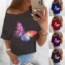 Fashion Short Sleeve Round Neck Butterfly Printed T-shirt