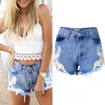 Fashion Middle-waist Lace Spliced Denim Shorts