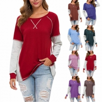 Fashion Long Sleeve Round Neck Contrast Color T-shirt