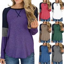 Fashion Striped Spliced Long Sleeve Round Neck Contrast Color T-shirt