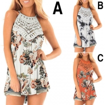 Sexy Off-shoulder Lace Spliced Printed Sling Top