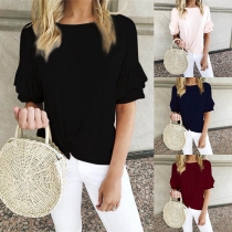 Fashion Solid Color Lotus Sleeve Knotted Hem Round Neck T-shirt