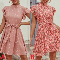 Sweet Style Lotus Sleeve Mock Neck Printed Dress