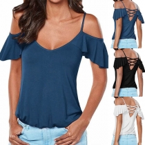 Sexy Backless Off-shoulder V-neck Lotus Sleeve Solid Color Sling T-shirt