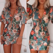 Sexy Deep V-neck Trumpet Sleeve Slim Fit Printed Dress