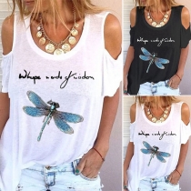 Sexy Off-shoulder Short Sleeve Round Neck Dragonfly Printed T-shirt