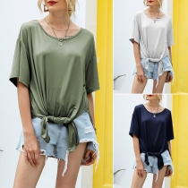 Casual Style Short Sleeve Round Neck Slit Hem Solid Color T-shirt