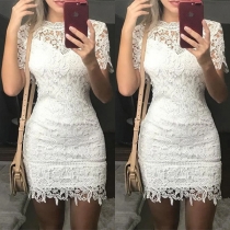 Sexy Short Sleeve Round Neck Slim Fit Hollow Out Lace Dress