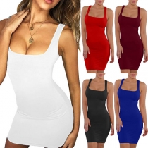 Sexy U-neck Sleeveless Slim Fit Solid Color Dress