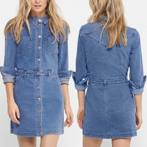 Fashion Long Sleeve POLO Collar Single-breasted Denim Dress