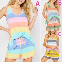 Fashion Sleeveless V-neck Striped Top + Shorts Two-piece Set