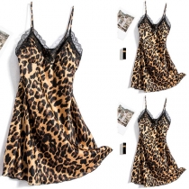 Sexy Backless V-neck Lace Spliced Leopard Printed Sling Nightwear Dress