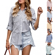 OL Style Long Sleeve POLO Collar Striped Shirt