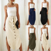 Fashion Solid Color High Waist Slit Hem Front-button Skirt