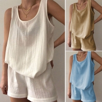 Simple Style Solid Color Round Neck Tank Top + Shorts Two-piece Set