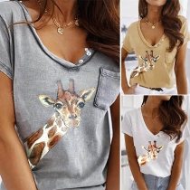Cute Deer Printed Short Sleeve V-neck T-shirt