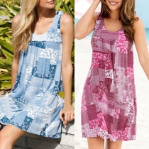 Fashion Sleeveless Round Neck Front-pocket Printed Dress