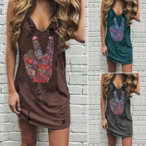 Chic Style Sleeveless V-neck Ripped Printed Tank Dress