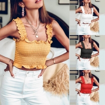 Sexy Backless Ruffle Hem Solid Color Sling Crop Top