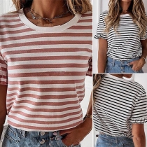 Fashion Short Sleeve Round Neck Striped T-shirt