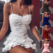 Sexy Backless Ruffle Hem Solid Color Slim Fit Sling Dress