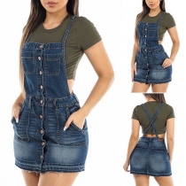 Fashion High Waist Slim Fit Front-button Denim Suspender Skirt