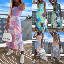 Fashion Sleeveless V-neck Slit Hem Tie-dye Printed Dress