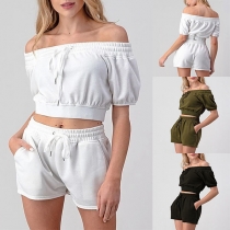 Sexy Off-shoulder Boat Neck Short Sleeve Crop Top + Shorts Two-piece Set