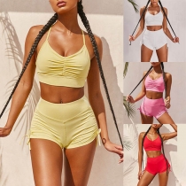 Sexy Backless V-neck Sling Crop Top + High Waist Shorts Two-piece Set