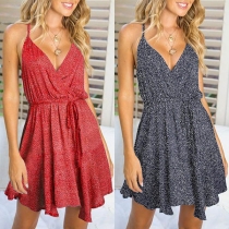 Sexy Backless Deep V-neck Irregular Hem Sling Printed Dress