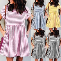 Fashion Short Sleeve Square Collar Loose Striped Dress