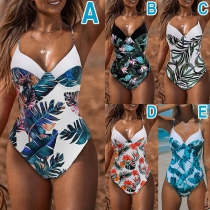 Sexy Backless V-neck Sling Printed One-piece Swimsuit