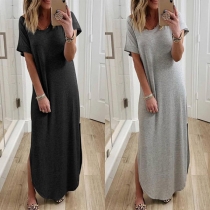 Fashion Solid Color Short Sleeve Round Neck Slit Hem Dress