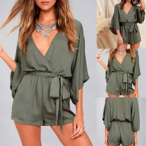 Sexy V-neck Trumpet Sleeve Solid Color Romper with Waist Strap