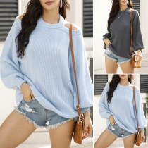 Sexy Off-shoulder Lantern Sleeve Solid Color Halter Sweater