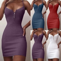 Sexy Backless V-neck Solid Color Slim Fit Sling Dress