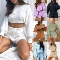 Fashion Solid Color Lantern Sleeve Crop Top + Shorts Knit Two-piece Set