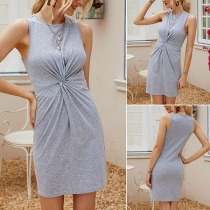 Simple Style Sleeveless Round Neck Solid Color Twisted Dress