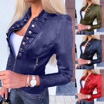 Fashion Solid Color Long Sleeve Stand Collar Slim Fit PU Leather Jacket