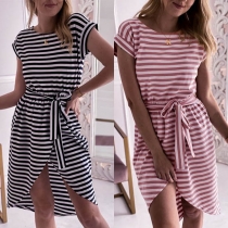 Fashion Short Sleeve Round Neck Slit Hem Striped Dress