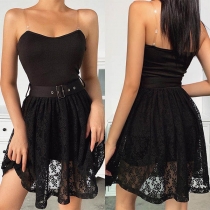 Sexy Backless Lace Spliced Hem Solid Color Sling Dress