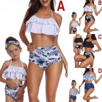 Sexy Backless Ruffle Bikini Top + High Waist Briefs Parent-child Bikini Set