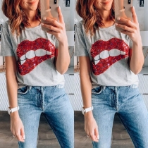 Fashion Sequin Spliced Red-lip Pattern Short Sleeve T-shirt